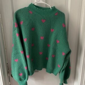 SHEIN Green Crewneck Sweater with Pink Heart Motif